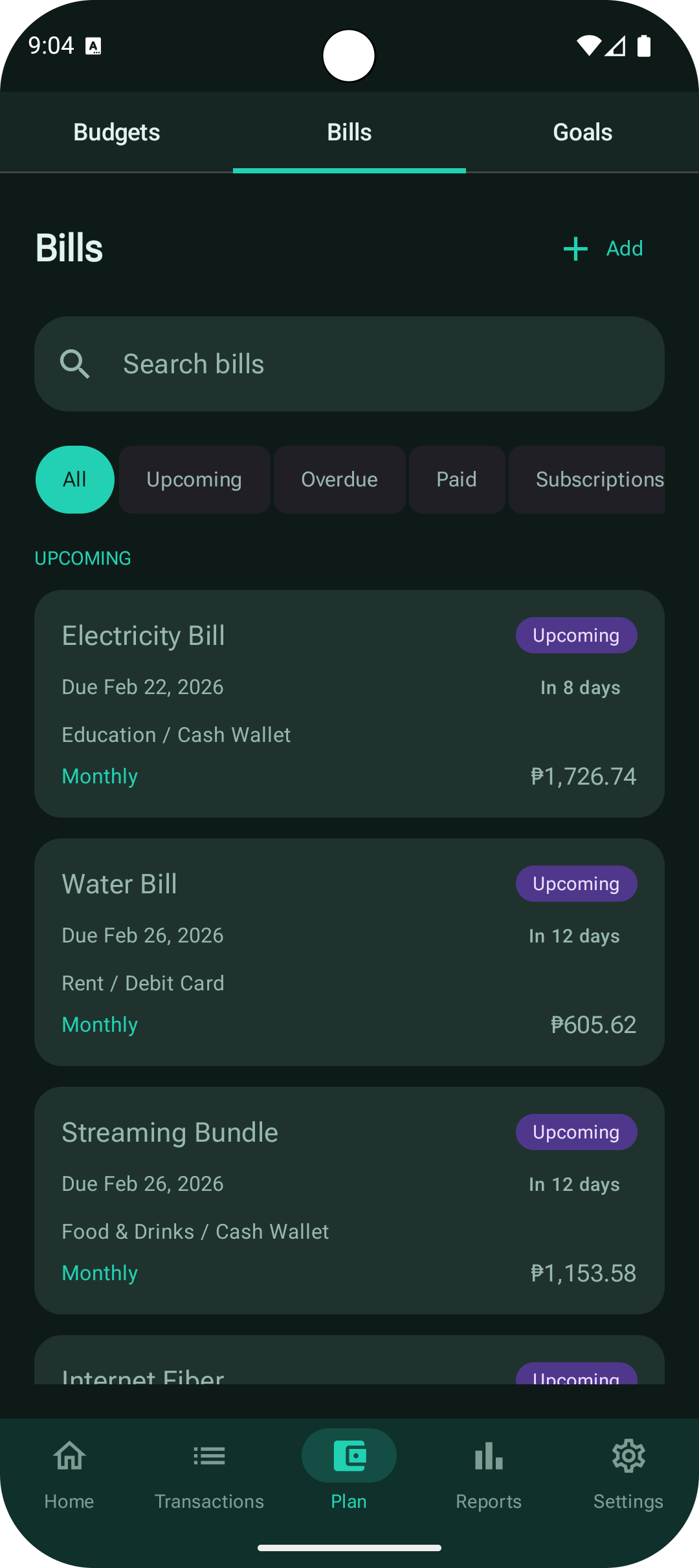 MoneyManager bills screen with upcoming and overdue filters