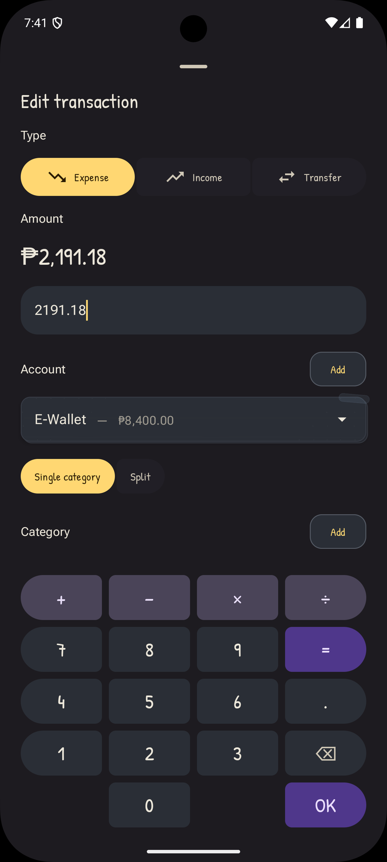 MoneyManager edit transaction screen with type picker, amount entry, account selector, and numeric keypad