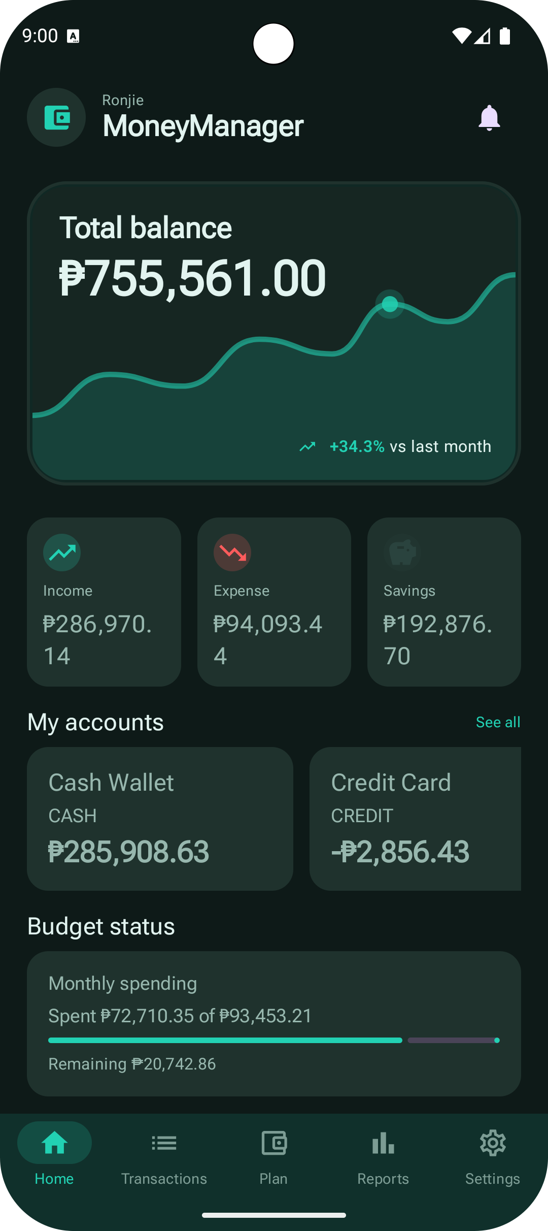 MoneyManager latest home dashboard with total balance, accounts, and budget status