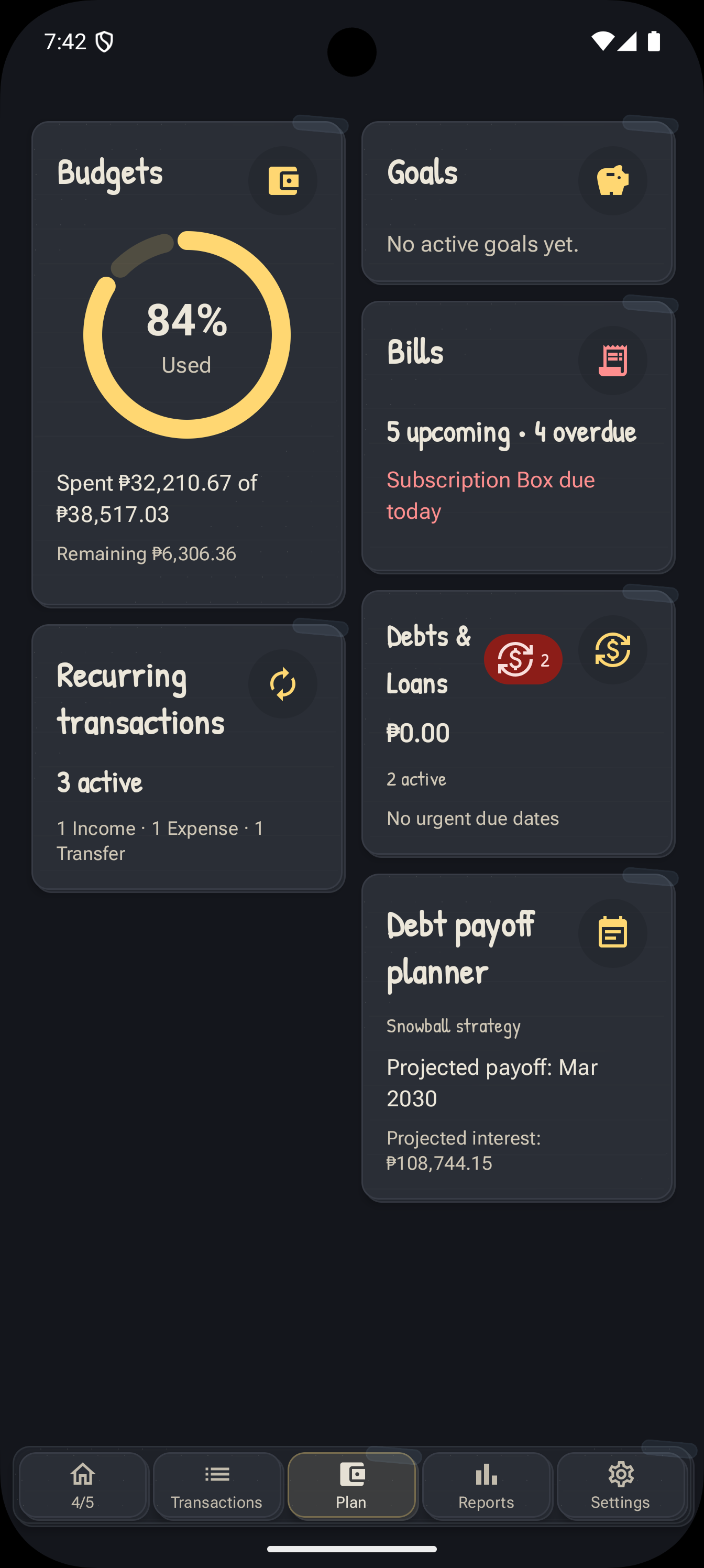 MoneyManager plan screen with budgets, goals, bills, recurring transactions, debts and loans, and debt payoff planner cards