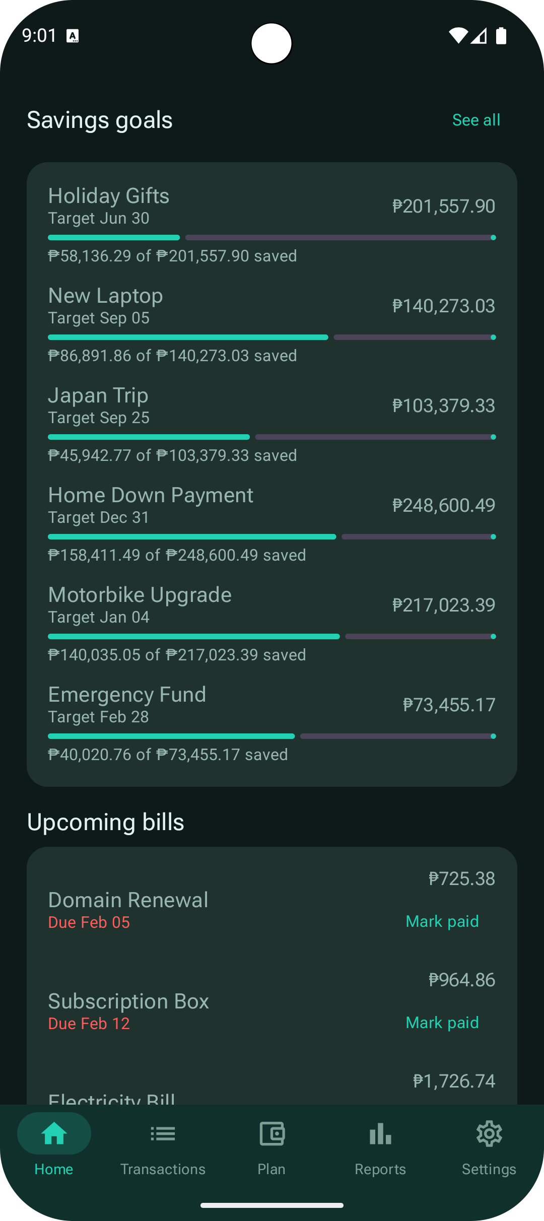 MoneyManager savings goals list with target and saved progress