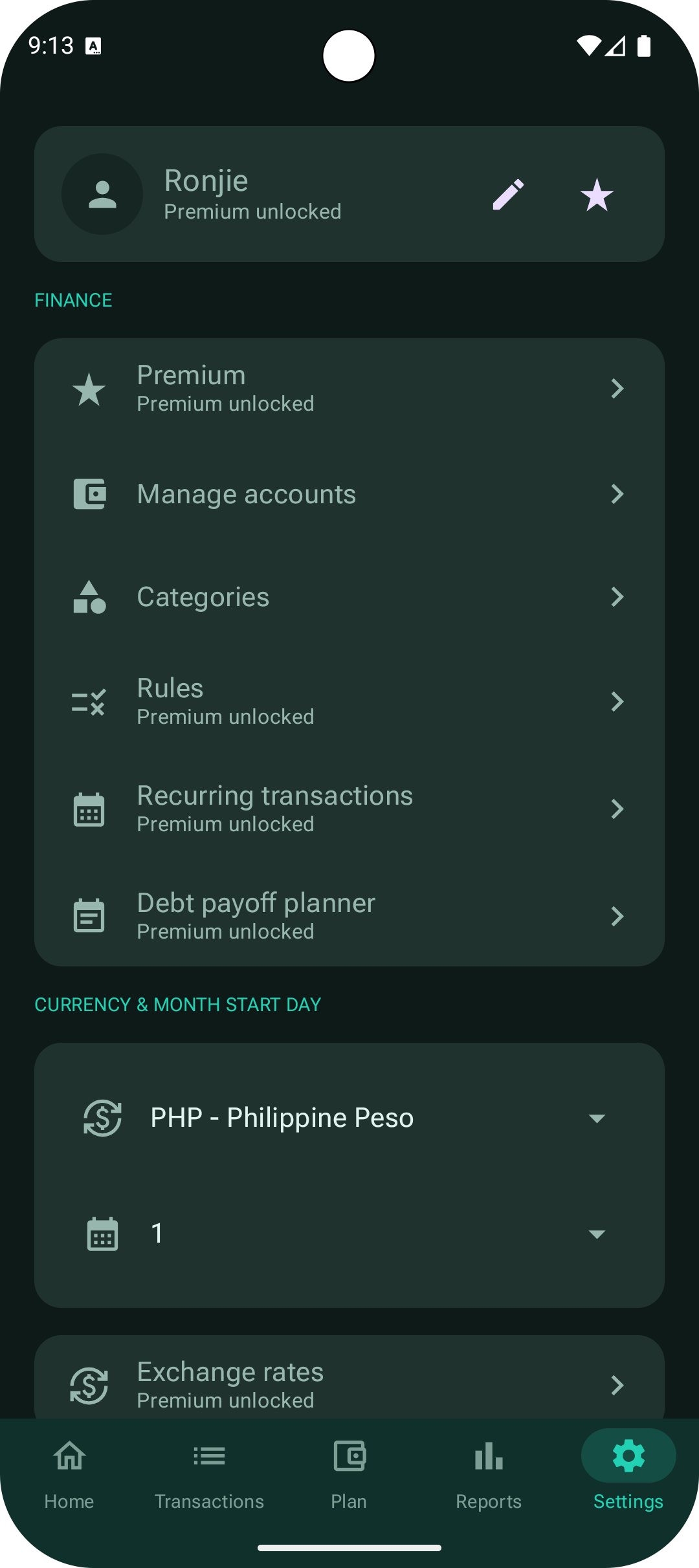 MoneyManager settings screen with premium and finance options