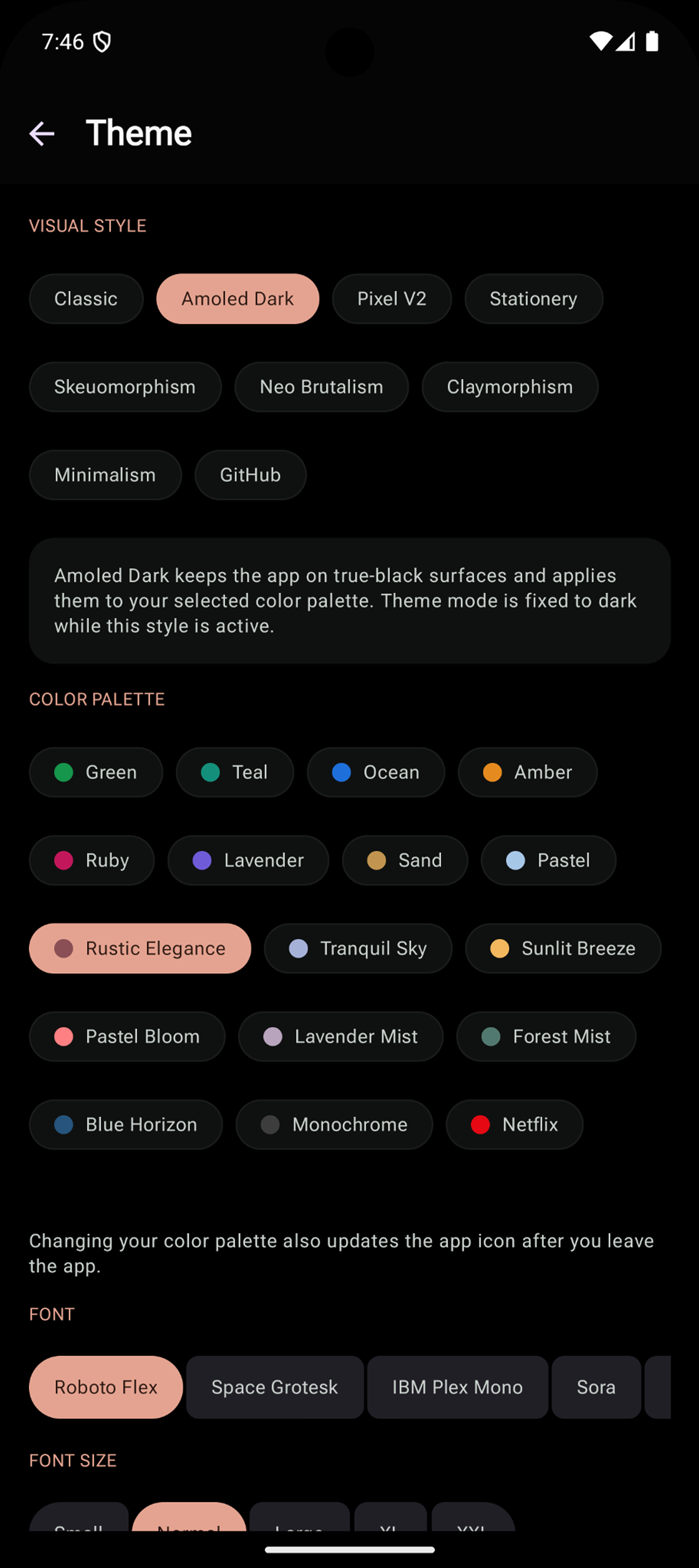 MoneyManager theme settings screen with visual style presets, color palettes, and font selection