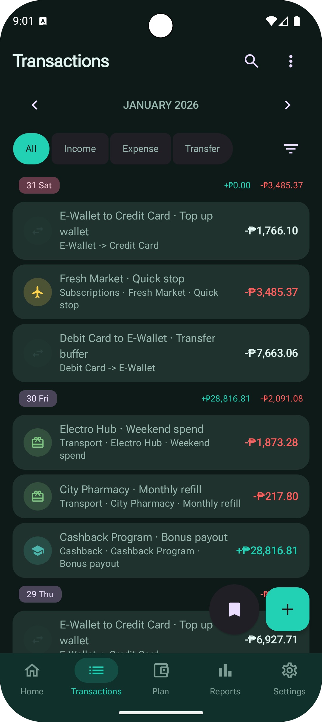 MoneyManager transactions screen with filters and transaction list